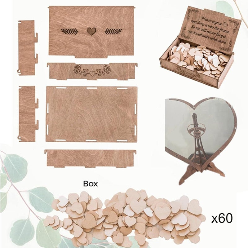 ويوبلز بديل لدفتر ضيوف حفل الزفاف | دفتر توقيعات زفاف خشبي على شكل قلب | ديكورات دفتر توقيعات زفاف ريفية بإطار متدلي مع 60 قلبًا خشبيًا صغيرًا - Image 5